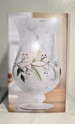 #ad Frosted Crackle Glass Hurricane Candle Holder Christmas pine branch design. $25.00