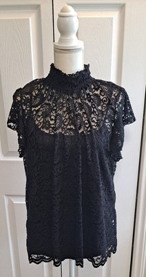 Adiva Womens XL Black Floral Lace Blouse Top New S/S Gothic Sexy Academia