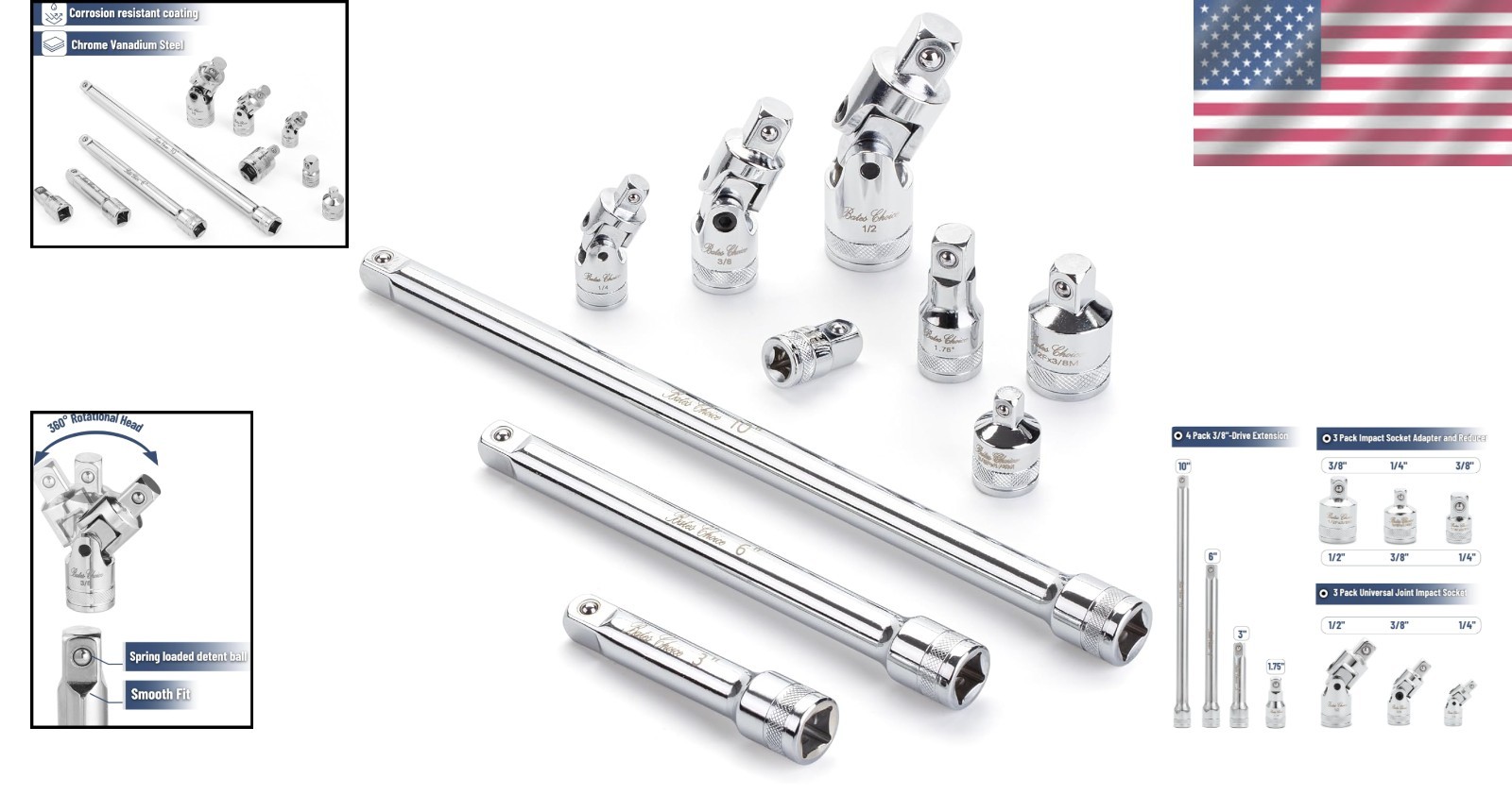 Bates 10-Piece Chrome Vanadium Socket Accessory Set - Versatile Extension Tools