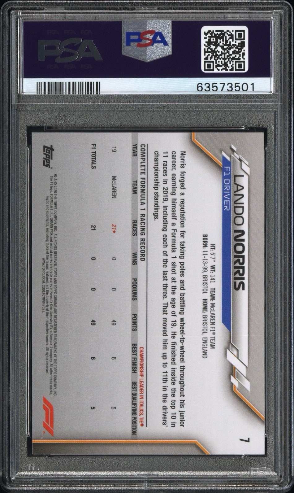 2020 Topps Chrome Sapphire F1 #7 Lando Norris RC Refractor Portrait PSA 10 view 2