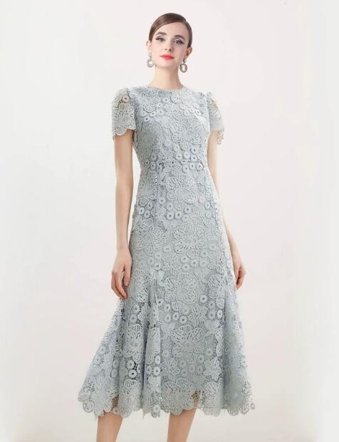 Summer Women French Lace Elegant temperament Short Sleeve Fishtail Long  Dress | eBay