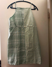 ⁠NWT American Eagle Womens Sage Green Plaid Cami Mini Dress Large Linen Blend AE