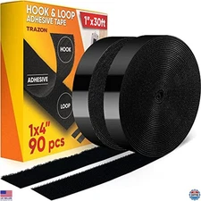 Heavy-Duty Black Hook and Loop Tape Roll - 1" x 30ft, Strong Adhesive Fasteners