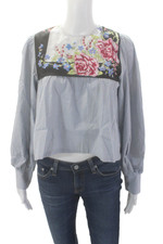 Upcycled By Reissued Womens Long Sleeve Floral Striped Top Blue Cotton Size S/M