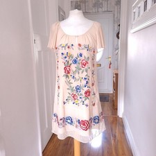 Monsoon Buttermilk Cream Tunic Dress Bright Embroidered Flowers, Cottage UK 8
