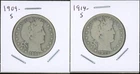 Lot of (2) Coins - 90% Silver Barber Half Dollars - 1909-S & 1914-S