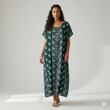Maxi Nightwear Green Short Sleeves Womens Dress Belted Slipon Nighties L-56"