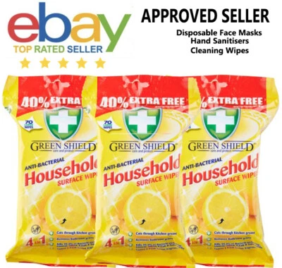 Pack of 3 GREEN SHIELD 70 LARGE HOUSEHOLD 99.9% ANTI BACTERIAL SURFACE WIPES