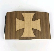 Iron Cross Belt Buckle Hand Crafted 2 Tone Wood Inlay Over Metal 3 3/4" X 2 3/8"