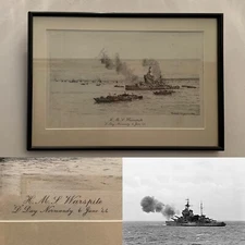 Framed Rowland Langmaid Signed Etching of HMS Warspite (D-Day 1944)