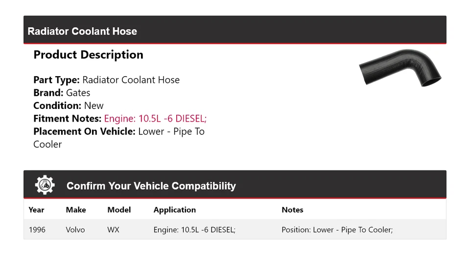 Manguera de refrigerante de radiador inferior para Volvo WX 1996 - puertas de tubo a refrigerador Foto 2 de 4