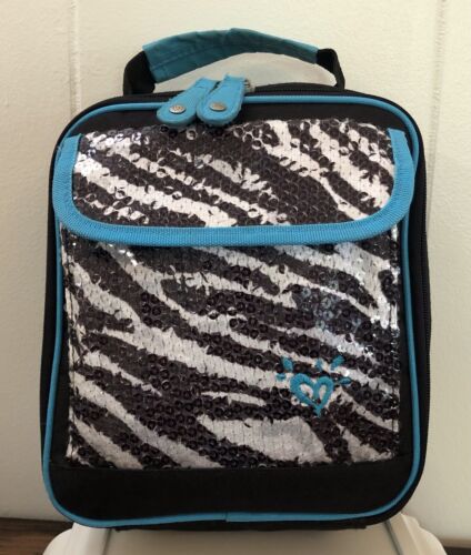 Justice Lunch Tote Pockets Zipper Insulated Sequins Zebra Black Teal - 第 1/5 張圖片