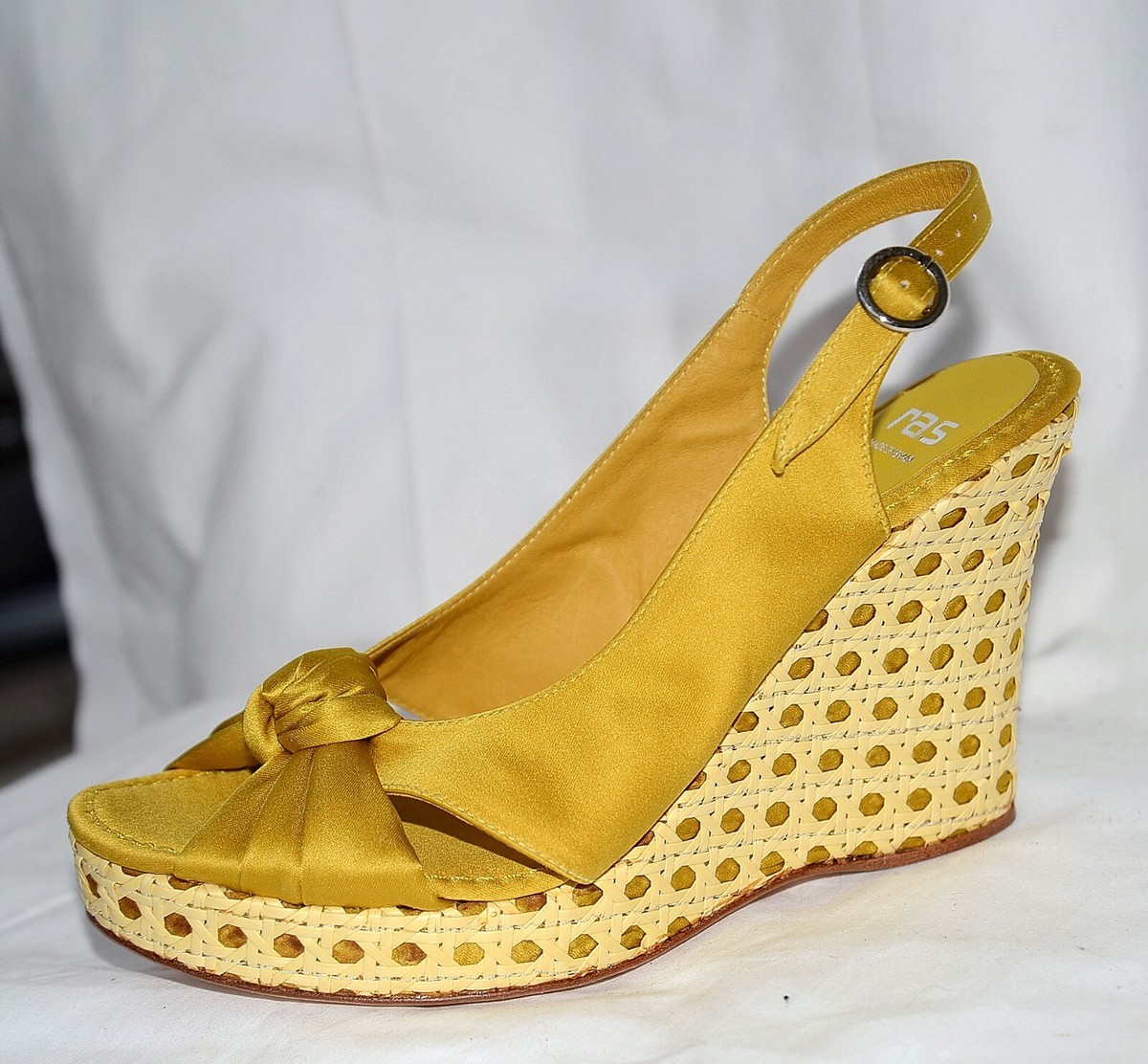 NEW $275 RAS SPAIN WICKER HEEL SATEN Mustard Yellow Wedge