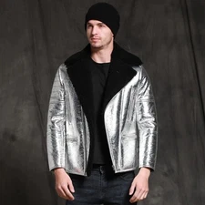 Men’s Silver Sheepskin Leather Jacket Pilot Aviator Aircraft Faux Fur Lined Coat