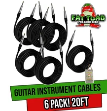 Guitar Cords (6 Pack) Instrument Cable FAT TOAD | 20FT Wires 1/4 Inch Gold Tip