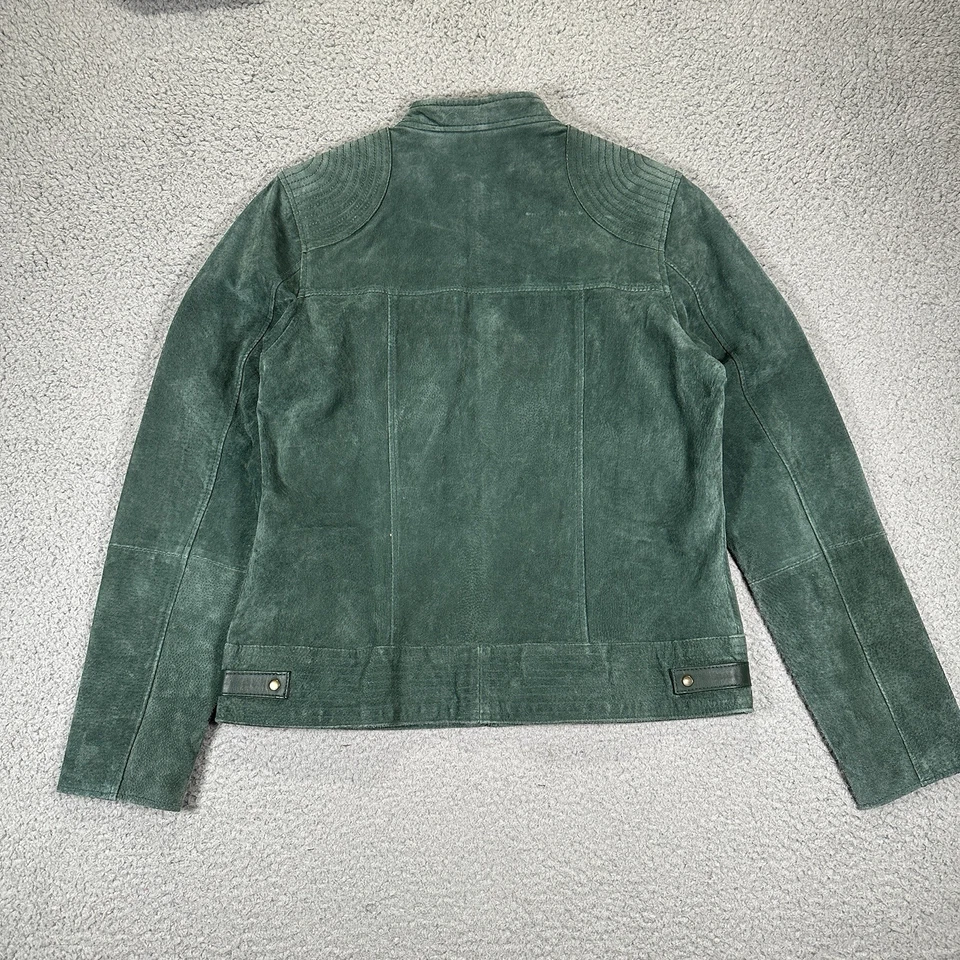 Chaqueta de cuero de gamuza tallada con volantes para mujer verde mediana cremallera frontal forro naranja usada en excelente estado Foto 3 de 4