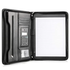 Leather Portfolio Binder Folder Organizer with Zipper, Calculator, Writing Pad