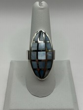 Vintage Silver 925 Inlay Blue Mother of Pearl Cocktail Ring 11 grams size 8