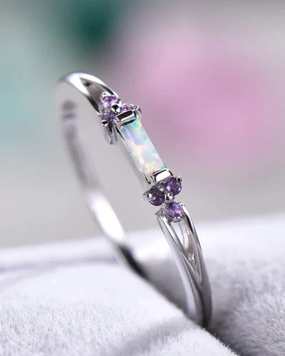 935 Silver With Baguette Cut Opal & Round Cut Amethyst Engagement Ring For Woman