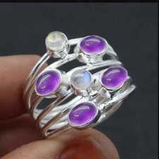Moonstone And Amethyst 925 Sterling silver Band  STATEMENT Handmade All Size