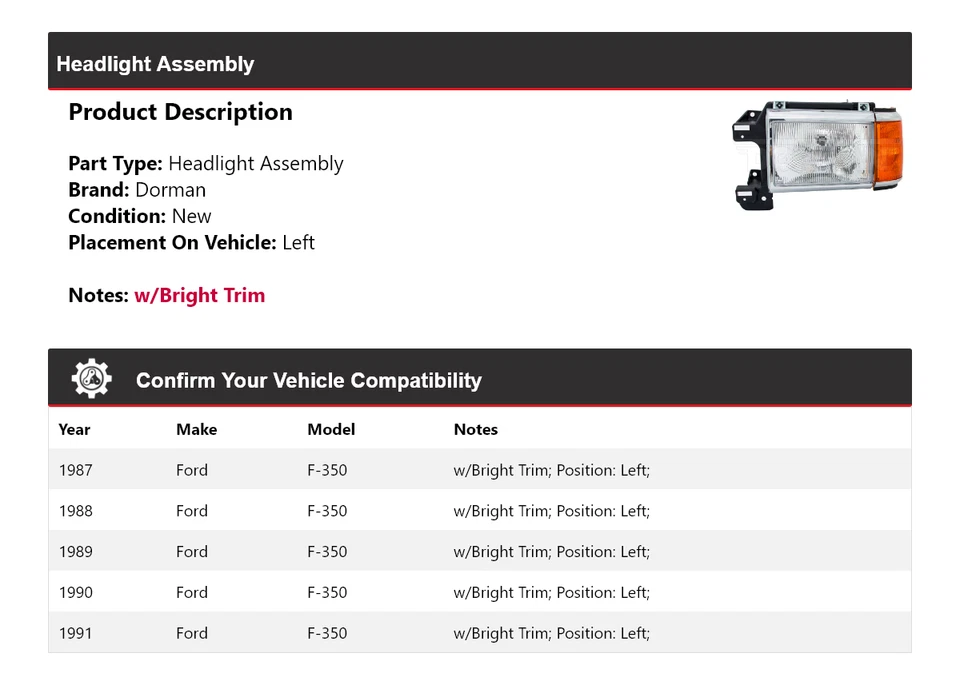 Conjunto de faros izquierdo para Ford F-350 Dorman 1987-1991 1988 1989 1990 Foto 2 de 4