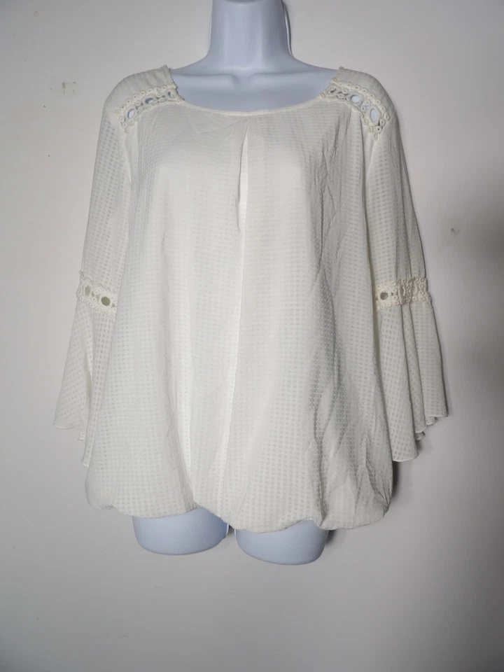AB Studio Large Tunic Top White Boho Bell Sleeve Eyelet Lined Pleated Hippie Pea - Image 4 of 4