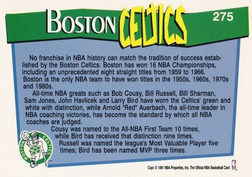 BOSTON CELTICS Team Card 1991 92 NBA Hoops Basketball 275 Larry Bird 
