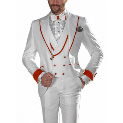 Piece White Men Tuxedo Wedding Suit Orange Rim Formal Groom Party Prom  Suit