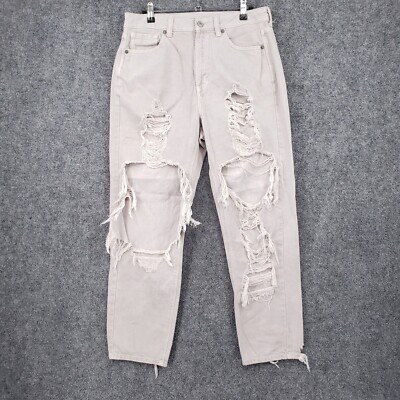 American Eagle Jeans Womens 10 Beige Mom High Rise Straight Ripped Stretch Denim