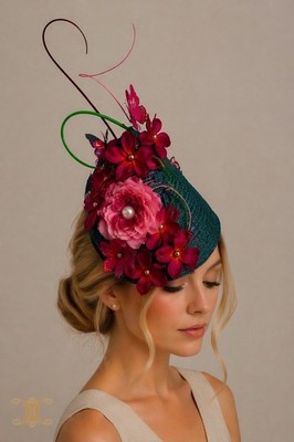 Ascot Fascinator KY Derby Teal  Straw  with Pink Floral Accents Headband