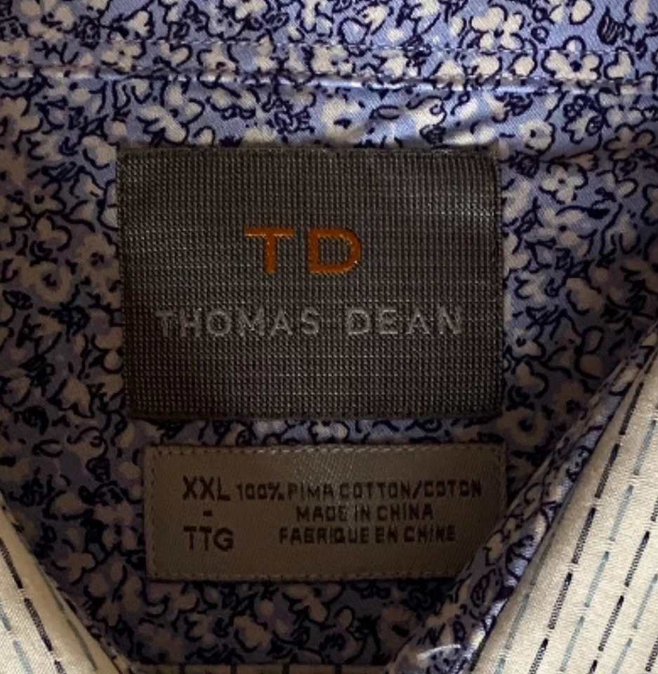 Camisa social masculina Thomas Dean 2XL listrada azul branca punhos flip algodão pima - Imagem 3 de 4