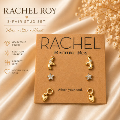 Rachel Roy 3 Pair Stud Earrings Set Gold Tone Star Heart Moon New