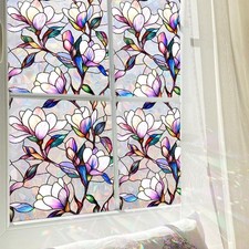 Rainbow Magnolia Window Privacy Film, Stained Glass Sticker Floral Window Cli...