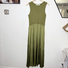 Taylor Mixed Media Maxi Ribbed Green Tank Dress Satin Skirt Womens Large *Flaw