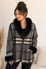 Women s Gray Plaid Mid-Length Coat Faux Fur T...