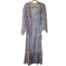 Vintage Ursula of Switzerland Maxi Dress Set 10 Blue Floral Sheer Jacket