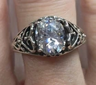 Sterling Silver CZ Ring Oval Solitaire Filigree Vintage Style Size 9.5