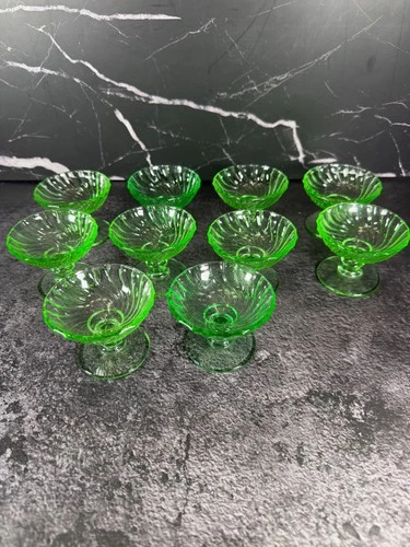 Vintage Swirled Green Uranium Glass small Sherbet Glasses Set Of 10