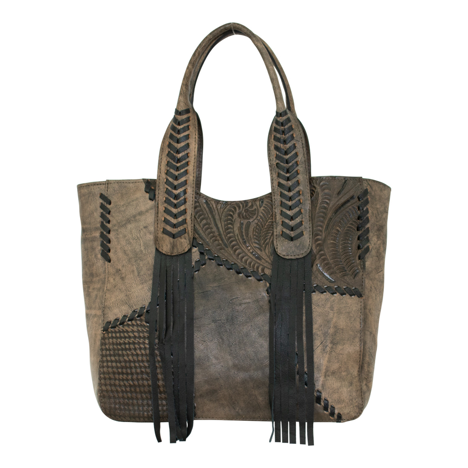 American West Womens Gypsy Patch Distressed Charcoal Brown Leather Tote Bag OS