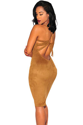 Offenes Kleid Öko Wildleder Tailliert Nude Mini Faux Suede Bodycon Dress L