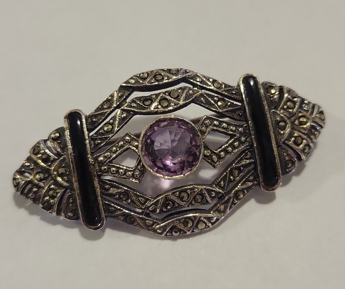 millennium plate `MARCASITE´ Vtg .925 sterling silver marcasite amethyst and Onyx brooch