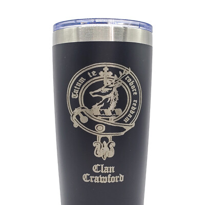 Custom Scottish Clan Crest Insulated Steel Tumbler 20oz  Engraved Travel Mug