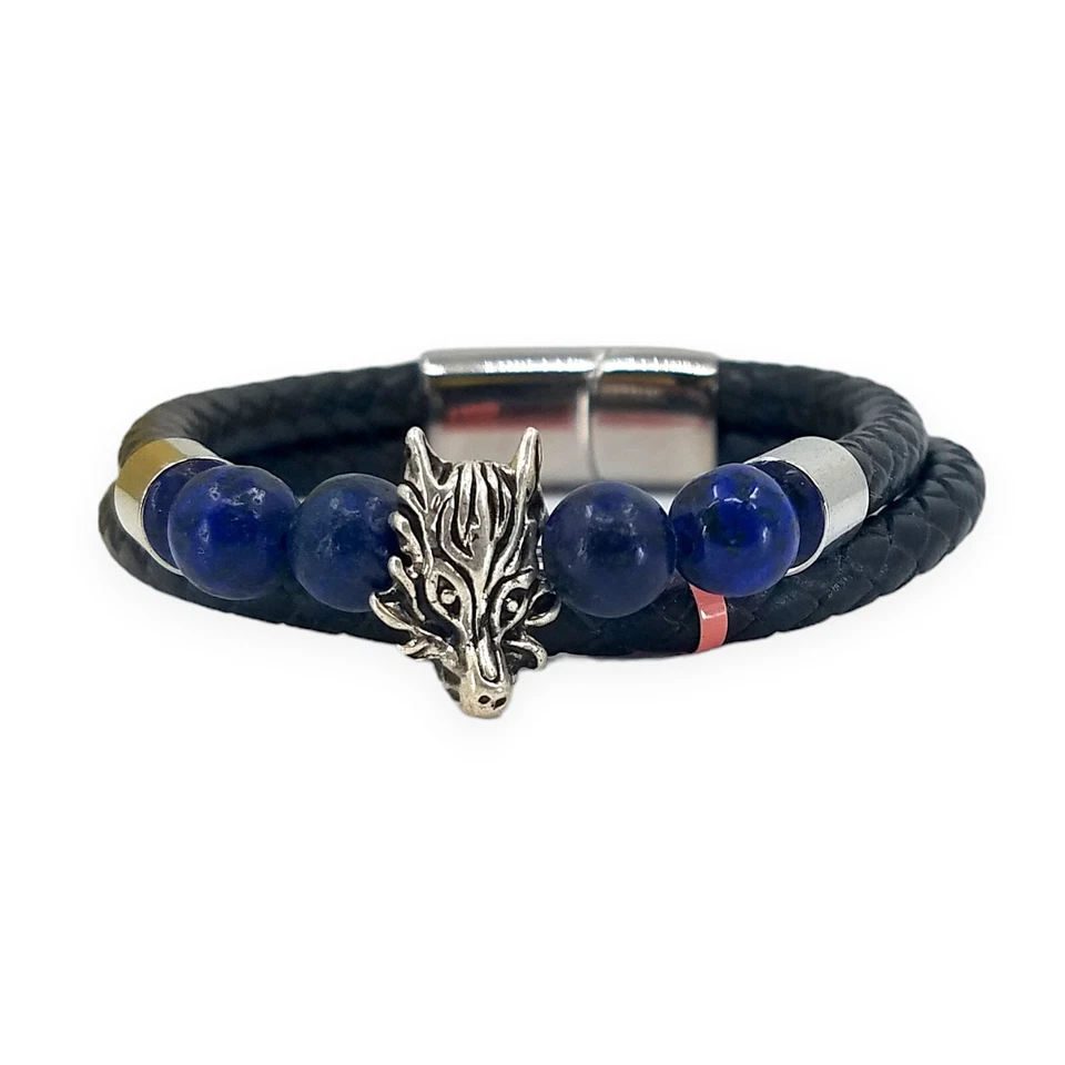 Men's Silvertone Dragon Lapis Beaded 2 Row Black Genuine Leather Bracelet 8 Inch - Image 2 of 4