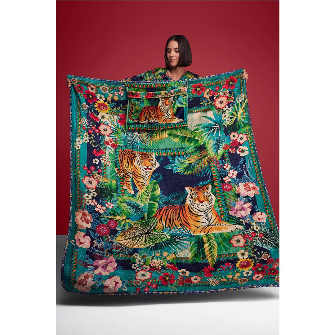 Johnny Was Tigres Travel Blanket Cream Reversible Blue Floral Home