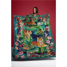 Johnny Was Tigres Travel Blanket Cream Reversible Blue Floral Home Lounge NEW