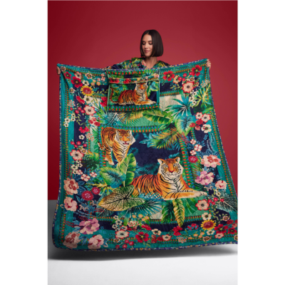 Johnny Was Tigres Travel Blanket Cream Reversible Blue Floral Home