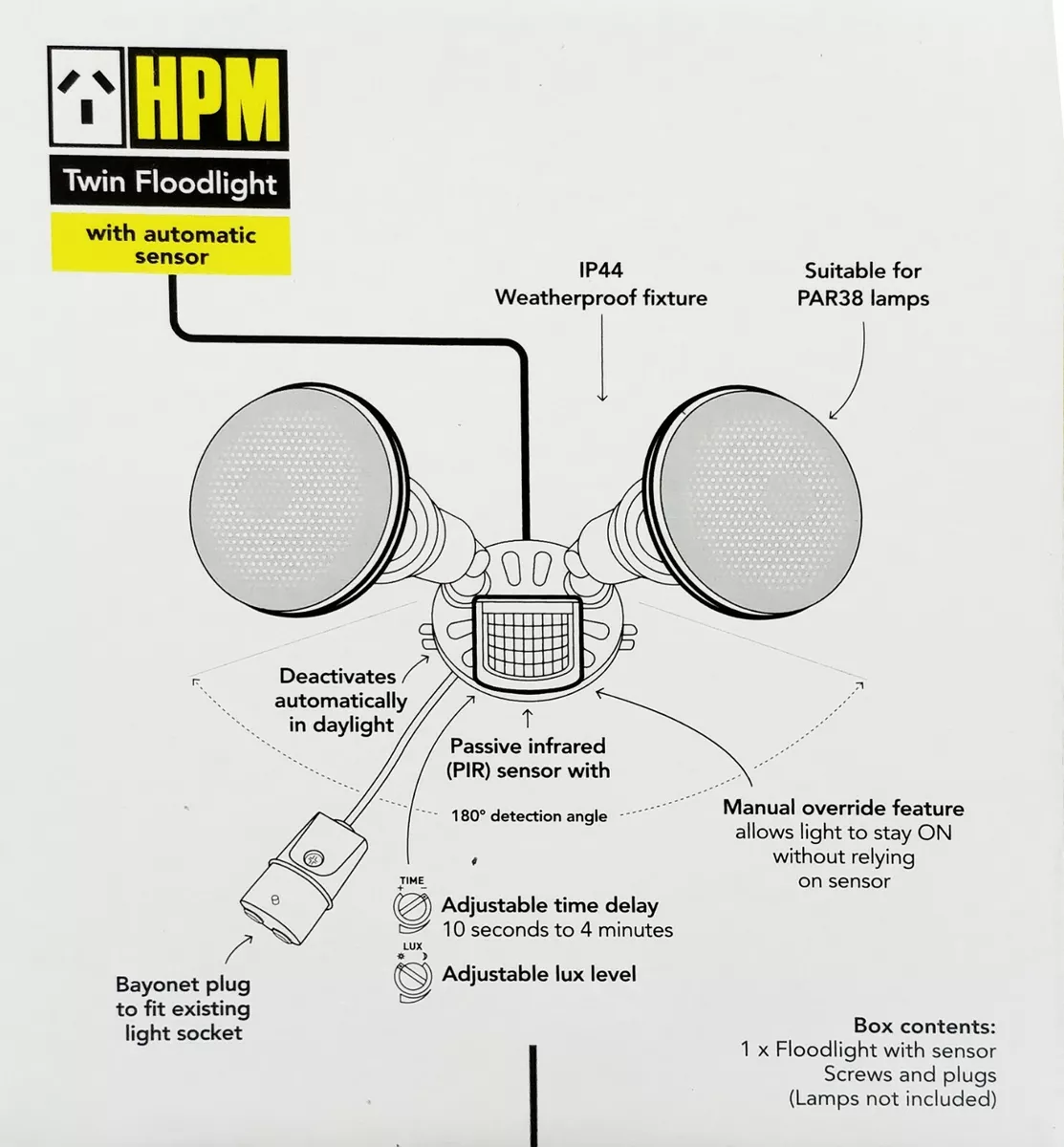 Double PAR38 Weatherproof Light Fitting w PIR Motion Sensor DIY Install