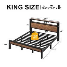 King Size Bed Frame with Storage Headboard and LED Lights and Charging Station