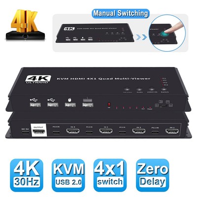4K HDMI KVM Switch 4x1 Quad Multi-Viewer Seamless 4 in 1 out KVM HDMI Processor