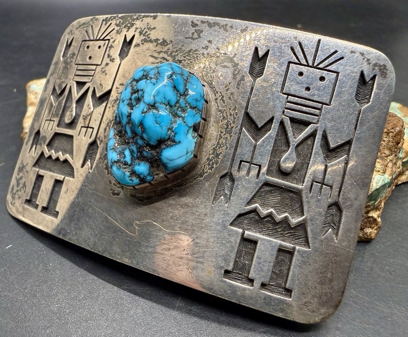 Rare Award Winning Hopi Bobby Tewa Sterling & Turquoise Yei Kachina Belt Buckle